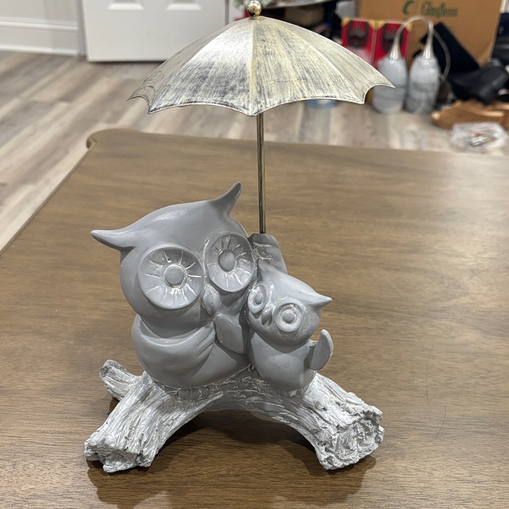 Gray Owl Figurine with Umbrella